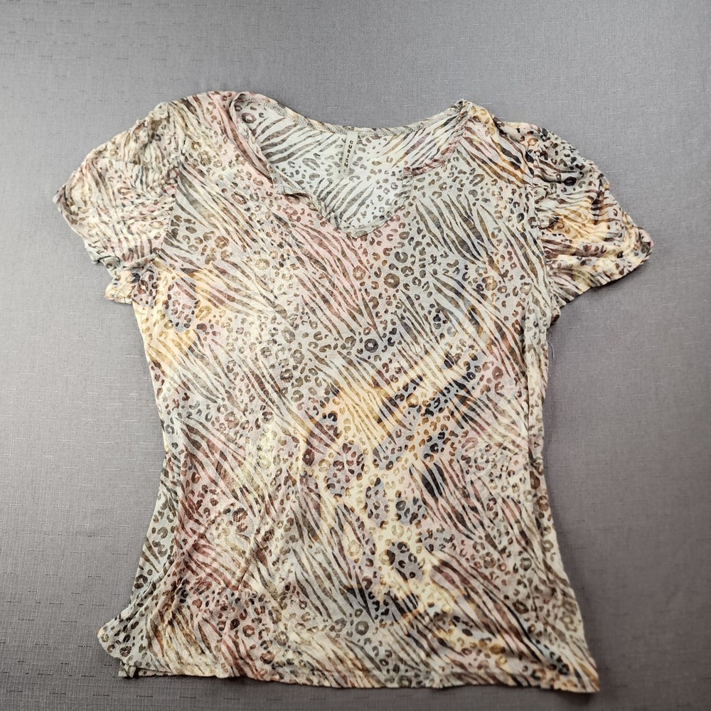 Cubism Womens XL Sheer Animal Print Slub T Shirt Distressed Y2K V-Neck Zebra Top